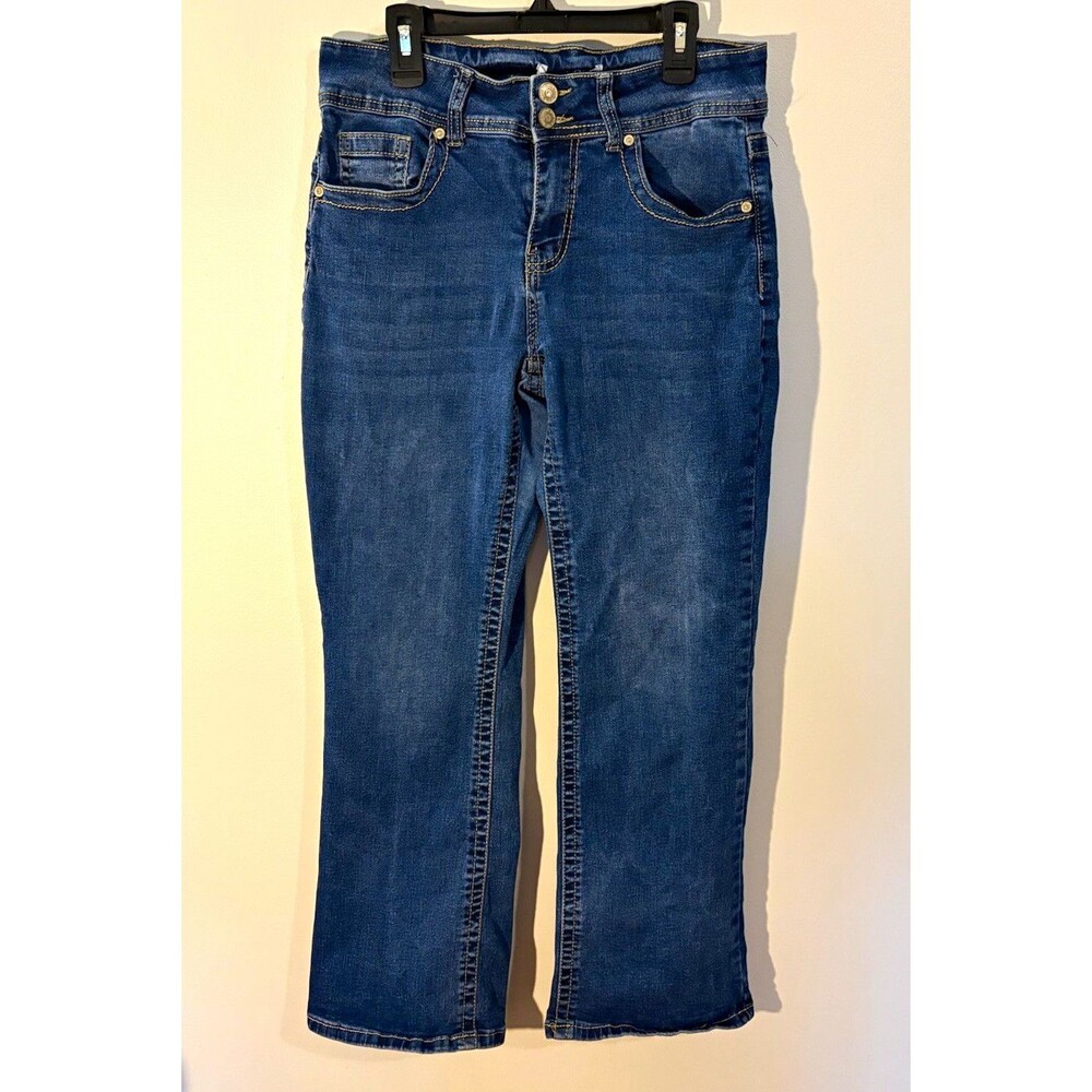 Mod Thread Petite Straight Leg Blue Medium Wash Stretch Denim Jeans, Size 8P